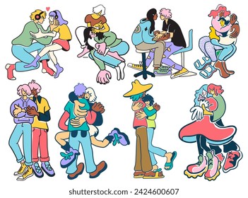set of lovers on a date. couple hugging and kissing.people in doodle flat style in vector.template for poster invitation sticker logo website design