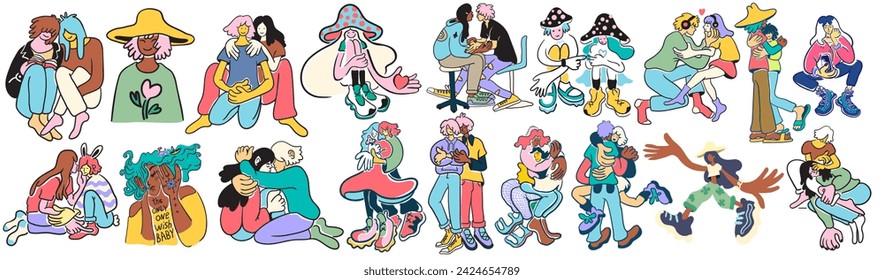 set of lovers on a date. couple hugging and kissing.people in doodle flat style in vector.template for poster invitation sticker logo website design