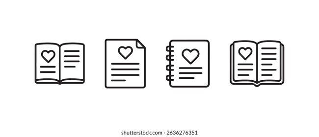 Set of love-themed book and document icons in black and white design.