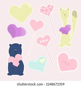 Set of love-themed stickers on a pink background in vector. Hearts, toppers, a cat and a bear with hearts