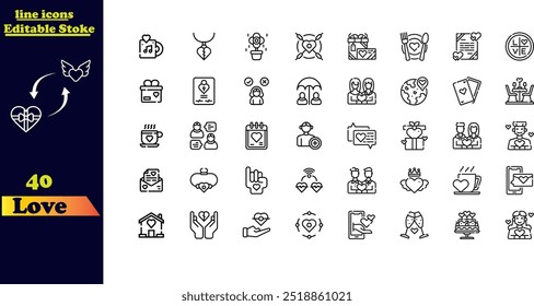 Set of love-themed stroke icons, featuring hearts, couples, Cupid, passion, Valentine's Day, love emojis, beating hearts, affection, romance, hugs, and dating icons.