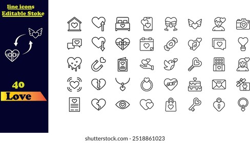 Set of love-themed stroke icons, featuring hearts, couples, Cupid, passion, Valentine's Day, love emojis, beating hearts, affection, romance, hugs, and dating icons.