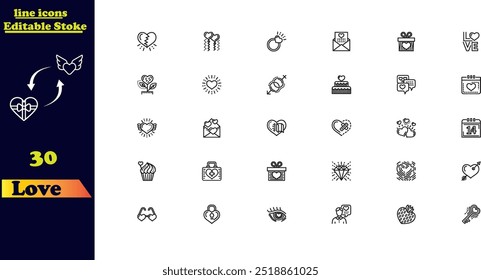 Set of love-themed stroke icons, featuring hearts, couples, Cupid, passion, Valentine's Day, love emojis, beating hearts, affection, romance, hugs, and dating icons.