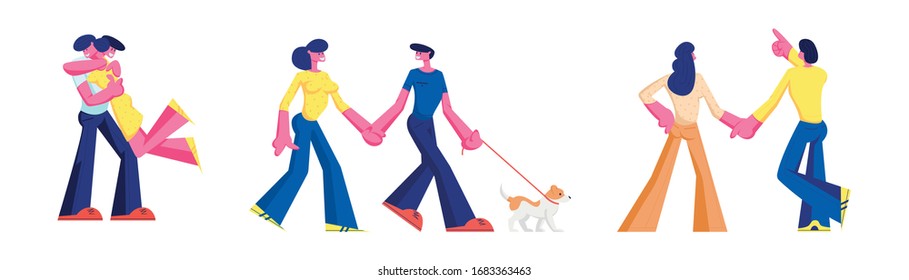 Set of Loving Couple Characters Romantic Relations. Man Holding Woman on Hands, Hugging and Show Stars. Happy Lovers Dating, Walk with Dog. Romance Love Feelings. Cartoon People Vector Illustration