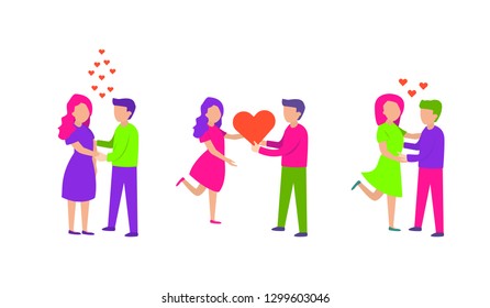 Set of a loving couple man and woman. Characters for the feast of Saint Valentine's Day. Isolated on white background. Vector illustration. Flat style