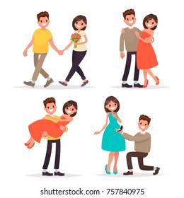 Set of a loving couple man and woman. Walk, a declaration of love and hugs. Vector illustration in a flat style