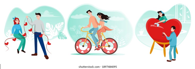 Set of loving couples in cartoon style preparing for Valentine's Day. A loving couple getting ready for the holiday. Vector illustration