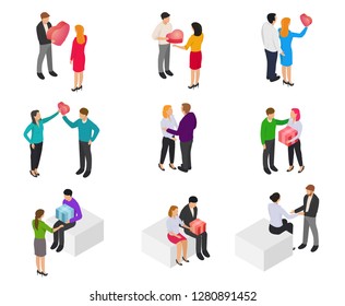 Set of loving couples, families and young peoples isolated on white background in isometric view. Design inspiration for valentines day. Composition of elements for branding. Vector illustration.