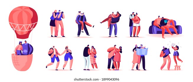 Set of Loving Couples, Happy People Love Relations, Male and Female Characters Travel on Hot Air Balloon, Walking and Spending Time Together Isolated on White Background. Cartoon Vector Illustration