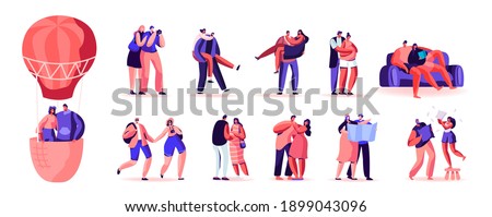 Set of Loving Couples, Happy People Love Relations, Male and Female Characters Travel on Hot Air Balloon, Walking and Spending Time Together Isolated on White Background. Cartoon Vector Illustration