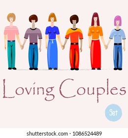 Set of Loving Couples. Homosexual and Heterosexual couples holding hands. Gay, Lesbian and Hetero Couples. Can be used for Gay Pride promo production, digital and printing. Vector illustration.