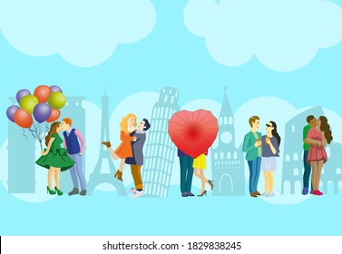 set of loving couples hugging and kissing on the background of beautiful buildings with balloons umbrellas