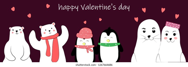 set of loving couples of seals, bears and penguins on a dark background

