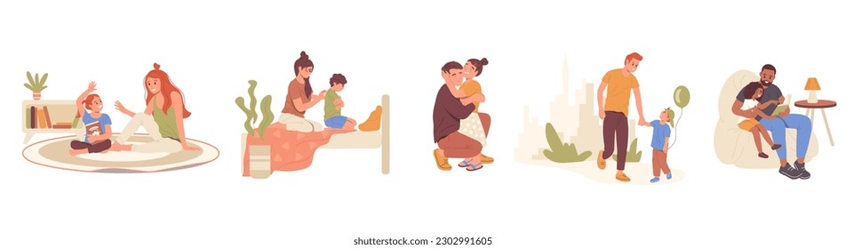 Set of loving father, mother and kids, happy family, parent and children relationship concept