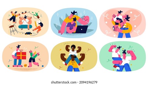 Set of loving father play enjoy family weekend with small kid. Collection of caring dad feel playful have fun relax with small child. Fatherhood and parenthood concept. Flat vector illustration. 