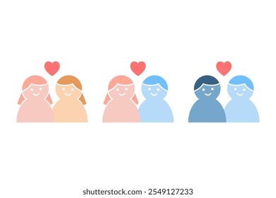 Conjunto de amor heterossexual e homossexual casal personagem de desenho animado. Diversidade, relacionamento amoroso, namoro romântico, conceitos da comunidade LGBT. Ilustração isolada de design vetorial de pessoas planas.