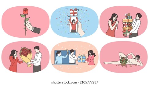 Set of loving man make surprise congratulate overjoyed wife or girlfriend with gift or flowers. Bundle of man greeting excited woman with present. Valentine day concept. Vector illustration. 