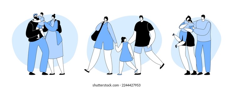 Set Loving Parents with Kids, Mother and Father Characters Holding Child on Hands, Hug Baby. Mom, Dad, Daughter and Son Express Love and Tenderness. Cartoon People Vector Illustration