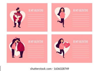 Set with loving people, Be my Valentine. A couple in love a kisses, a guy gives flowers, a girl gives a heart. Vector illustrations for greeting card