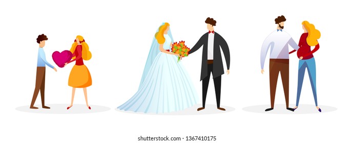 Set of Loving People Isolated on White Background. Teen Girl Gift Heart to Boy. Wedding Couple. Married Man and Pregnant Woman. Happy Family Characters, Love Cartoon Flat Vector Illustration. Clip Art