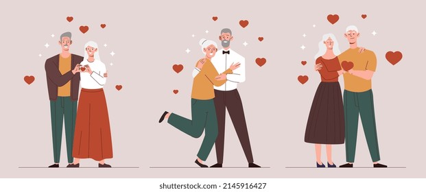 Set of Loving Senior Couples. Happy elderly men and women surrounded by hearts hug each other. Romantic relationships between adult spouses. Cartoon flat vector collection isolated on beige background