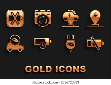 Set Low battery, Charging parking electric car, Electric saving plug leaf, Eco,  and Battery with recycle symbol icon. Vector