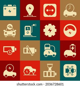 Set Low battery, Electric car, Voltmeter, Electrical outlet, charging station, Eco, Car and Gear and lightning icon. Vector