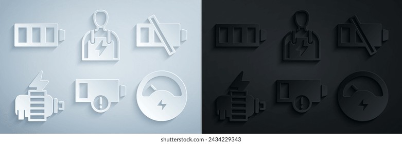 Set Low battery, Electric motor, Voltmeter, Car mechanic and Battery charge icon. Vector
