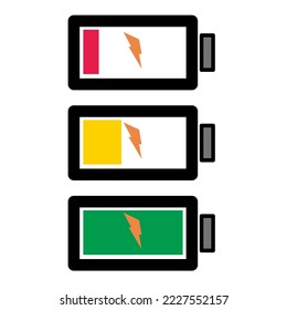 Juego de ícono de batería baja, de carga y completa con diseño simple y minimalista. 