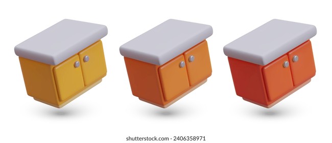 Set of low chests of drawers. Isolated vector objects, top view. Furniture with empty table top. Storage of things at home. Interior elements of different colors