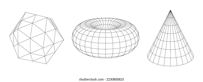 Conjunto de figuras geométricas 3D de polos bajos. Diseño poligonal futurista de alambre. Para su sitio web o banner y etc. Ilustración vectorial.