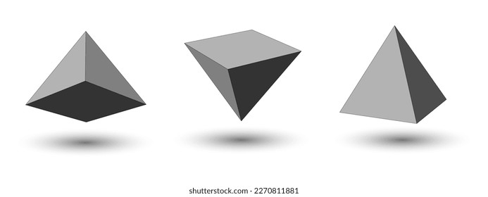 Set of low poly 3D pyramid figures. Futuristic polygonal design with shadows. For web-site or banner and etc. Vector illustration.
