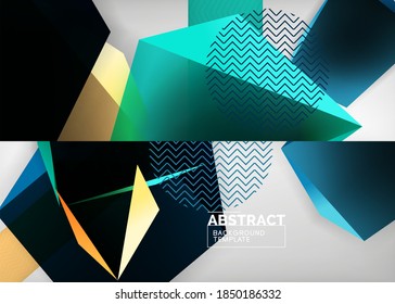 Set of low poly 3d shapes geometric abstract backgrounds. Polygonal designs. Vector illustrations for covers, banners, flyers and posters and other