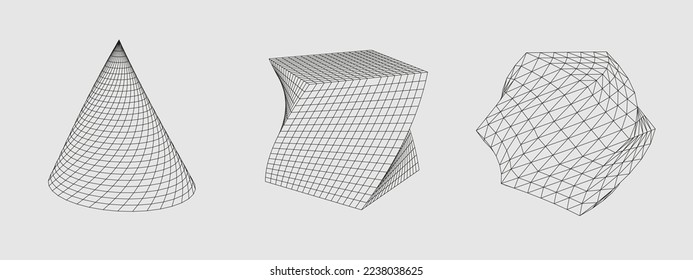 Conjunto de figuras geométricas retorcidas en 3D de baja polilla. Diseño polígono futurista. Para sitio web o banner y etc. Ilustración vectorial.