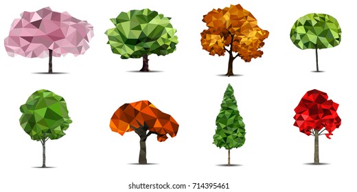 Set of low poly 3D vector trees. Cute colorful cartoon polygonal eco trees on the white background. Stylized low poly design logo element.