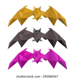 Set of  low poly bat flying in brown, black and purple color. isolated on white background.