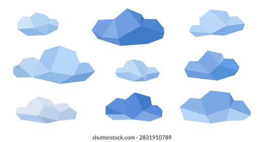 Set of low poly blue clouds vector illustrations. Polygonal geometric cloud icons isolated on white background for weather, sky, and game design.