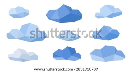 Set of low poly blue clouds vector illustrations. Polygonal geometric cloud icons isolated on white background for weather, sky, and game design.