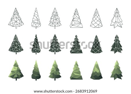 Set of Low Poly Christmas Trees – Polygonal Evergreen Pine Tree Vector Illustration
