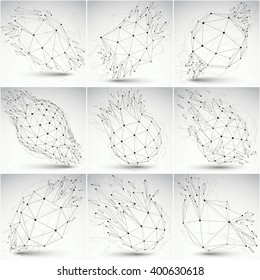 Set of low poly demolished shapes with black connected lines and dots, polygonal wireframe objects. Explosion effect, perspective faceted elements cracked into fragments. Communication technology.