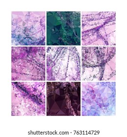 Set of low poly mosaic backgrounds. Template design, list, front page, brochure layout, banner, idea, cover, print, flyer, book, blank, card, sheet. Copy space. Vector clip art.