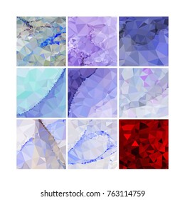 Set of low poly mosaic backgrounds. Template design, list, front page, brochure layout, banner, idea, cover, print, flyer, book, blank, card, sheet. Copy space. Vector clip art.