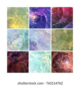 Set of low poly mosaic backgrounds. Template design, list, front page, brochure layout, banner, idea, cover, print, flyer, book, blank, card, sheet. Copy space. Vector clip art.