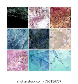 Set of low poly mosaic backgrounds. Template design, list, front page, brochure layout, banner, idea, cover, print, flyer, book, blank, card, sheet. Copy space. Vector clip art.
