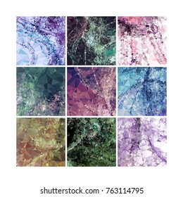 Set of low poly mosaic backgrounds. Template design, list, front page, brochure layout, banner, idea, cover, print, flyer, book, blank, card, sheet. Copy space. Vector clip art.