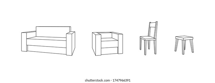 set of low poly outline seats, couch, armchair, chair, stool, isolated furniture, vector, illustration
