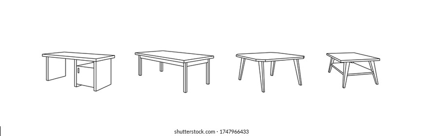 set of low poly outline tables, isolated furniture, vector, illustration