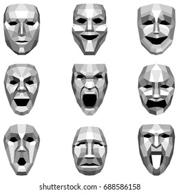Set of Low Poly style emoticons, emoji isolated on white background, vector illustration