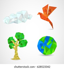 Set of low poly style origami elements as cloud, bird, tree and earth globe.