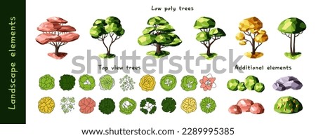 Set of low poly trees, bushes, and stones. Geometric 3D trees. Entourage elements for the landscape design. Vector.
